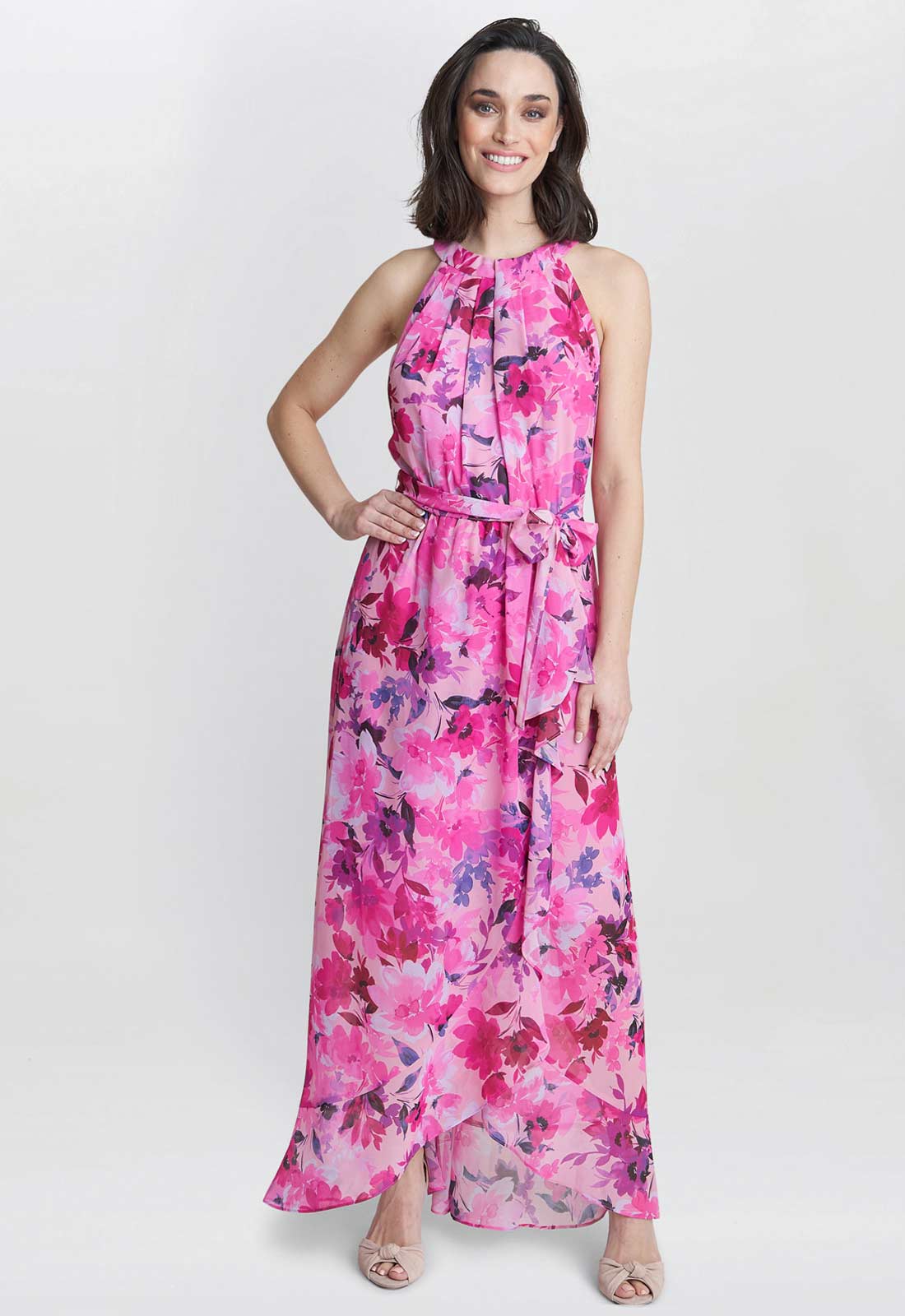 Gina Bacconi Hot Pink Hermione Printed Keyhole Halter Maxi Dress