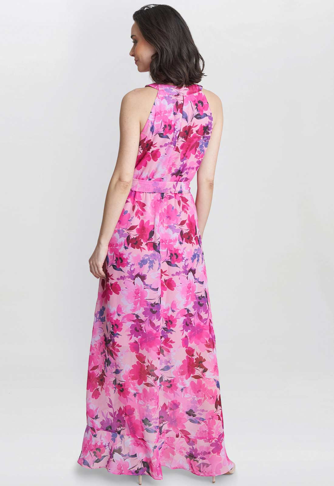 Gina Bacconi Hot Pink Hermione Printed Keyhole Halter Maxi Dress