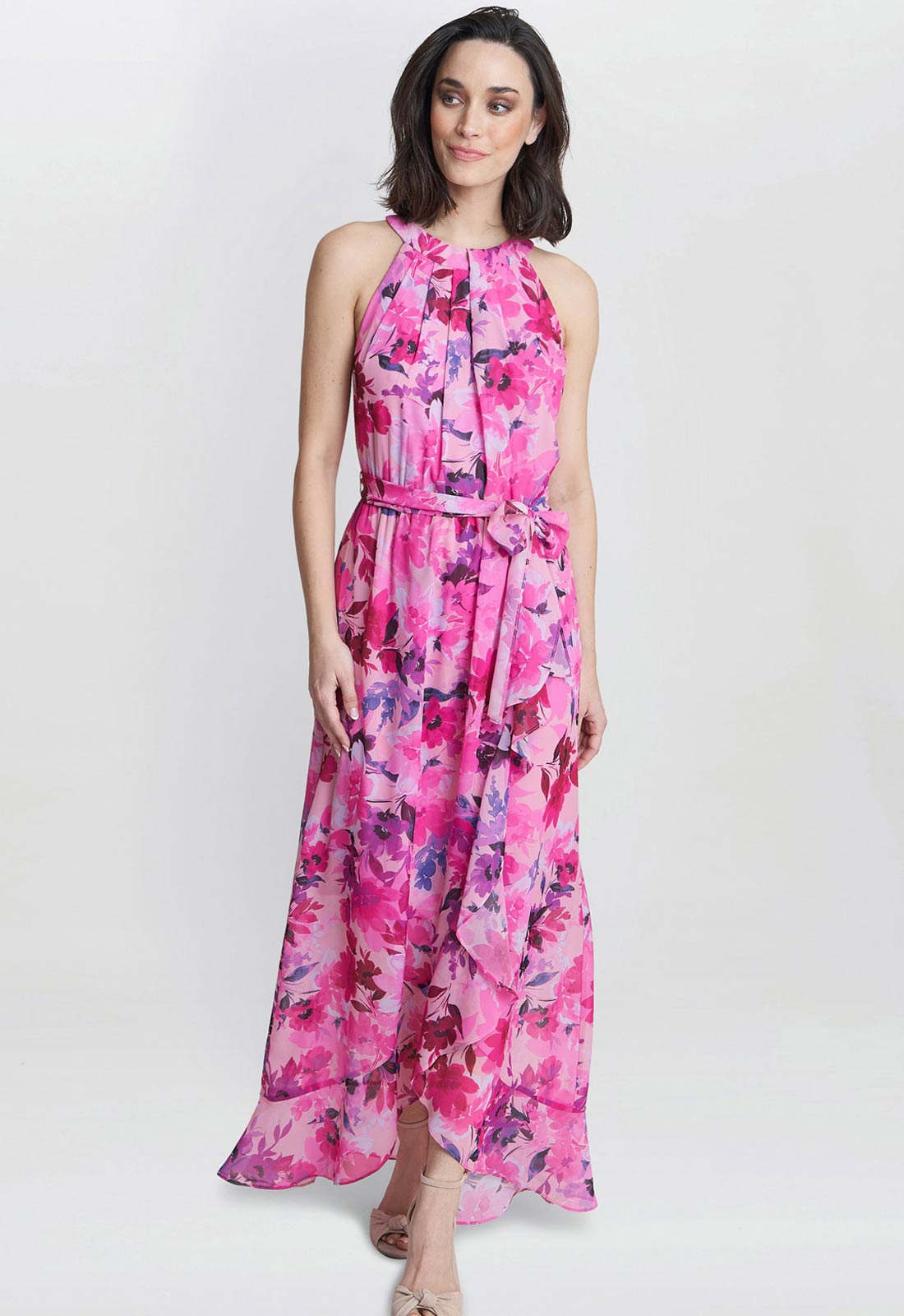 Gina Bacconi Hot Pink Hermione Printed Keyhole Halter Maxi Dress