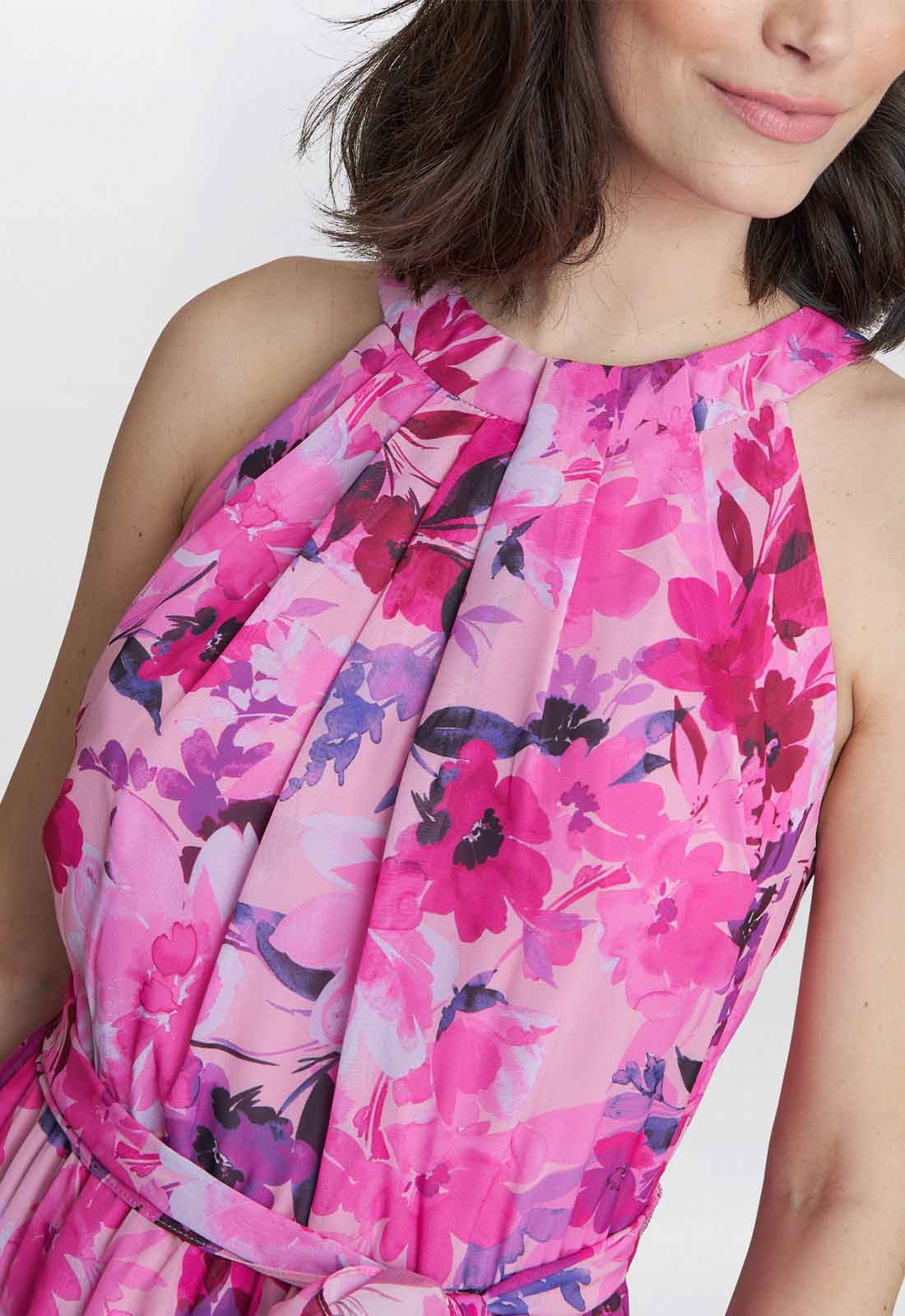 Gina Bacconi Hot Pink Hermione Printed Keyhole Halter Maxi Dress