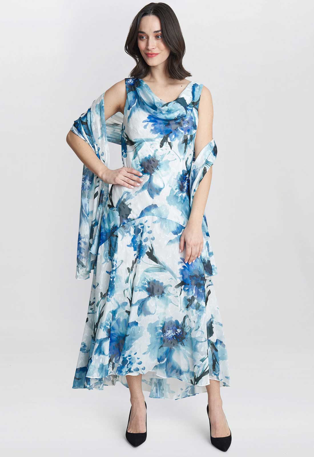 Gina Bacconi Blue Angelica Printed Dress And Shawl