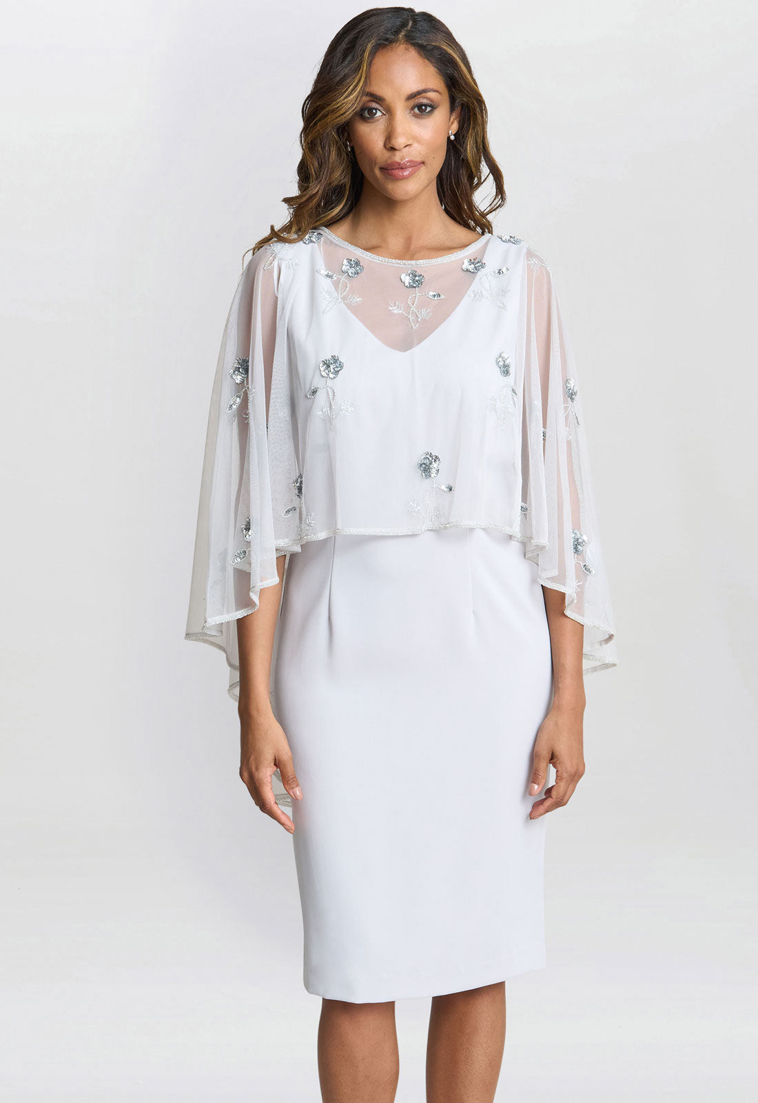 Gina Bacconi Silver Mist Beaded Cape With Delicate Small Flowers