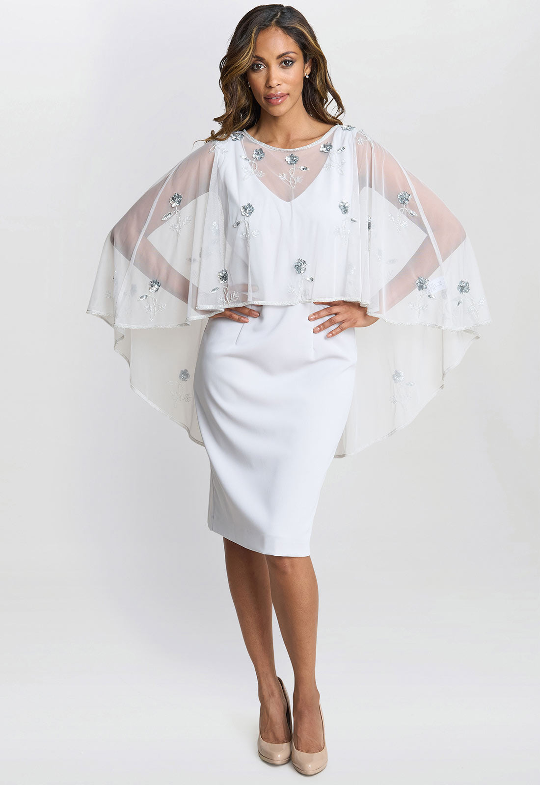Gina Bacconi Silver Mist Beaded Cape With Delicate Small Flowers