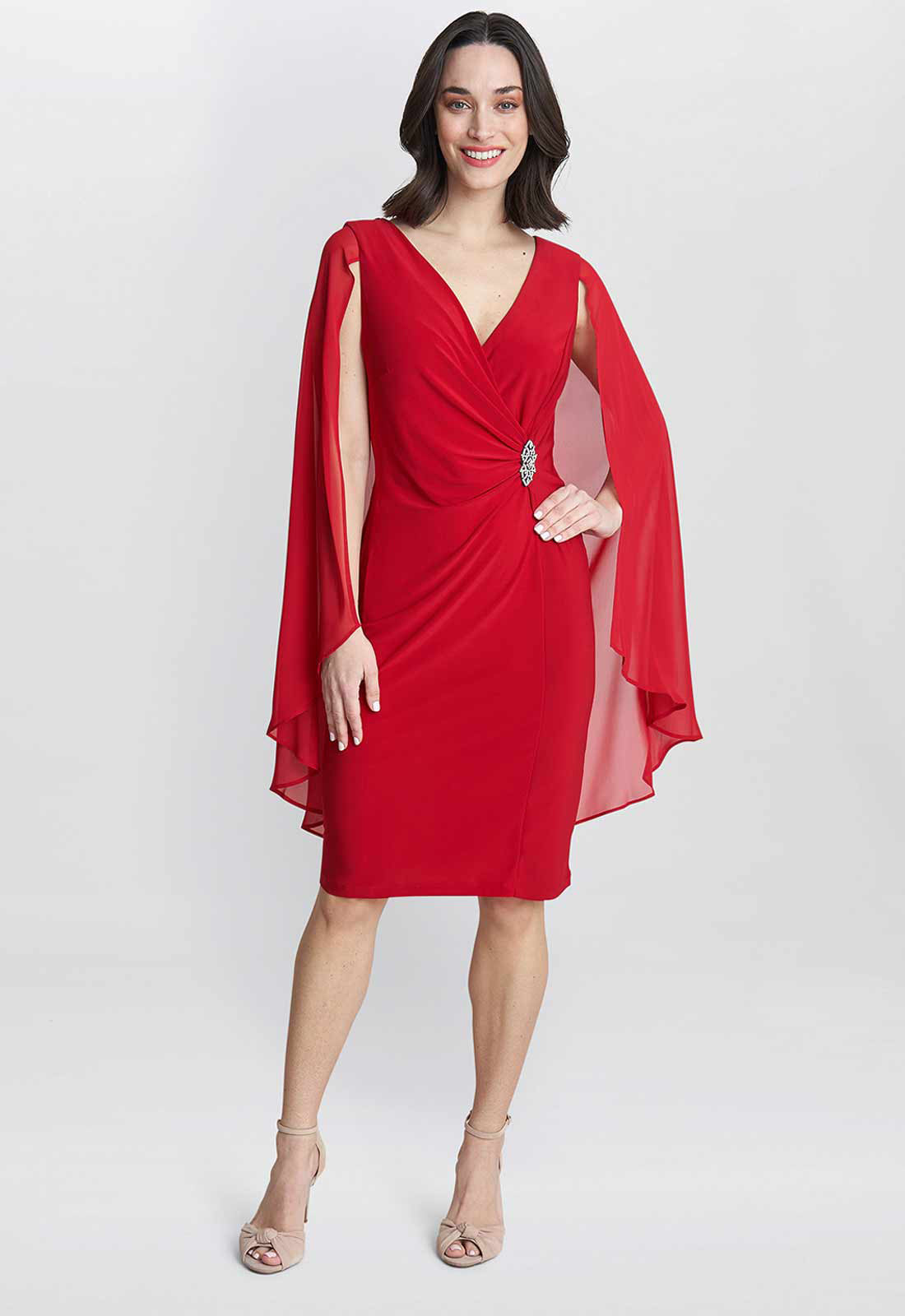 Gina Bacconi Red Lisa Chiffon Cape Dress