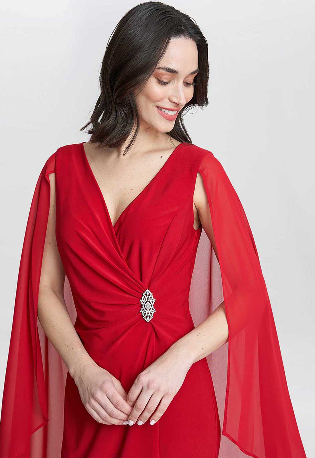 Gina Bacconi Red Lisa Chiffon Cape Dress