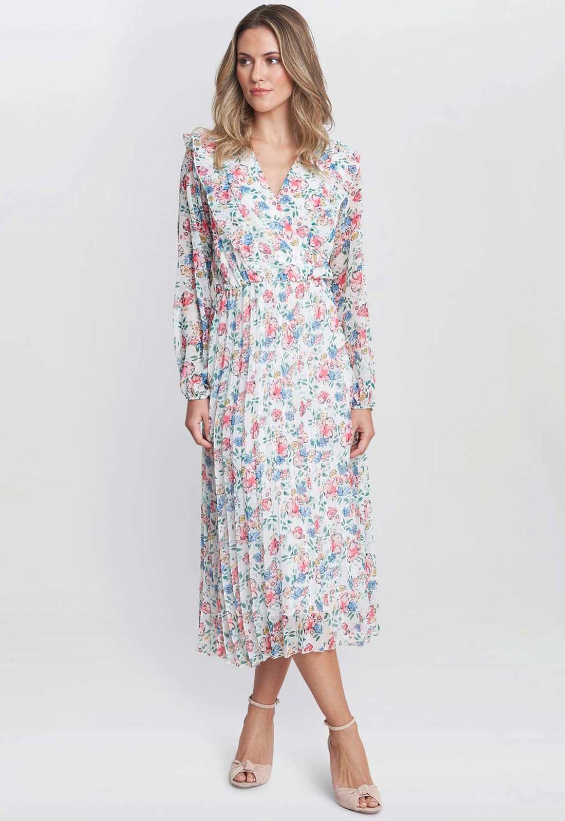 Gina Bacconi White Print Chantelle Pleated Dress
