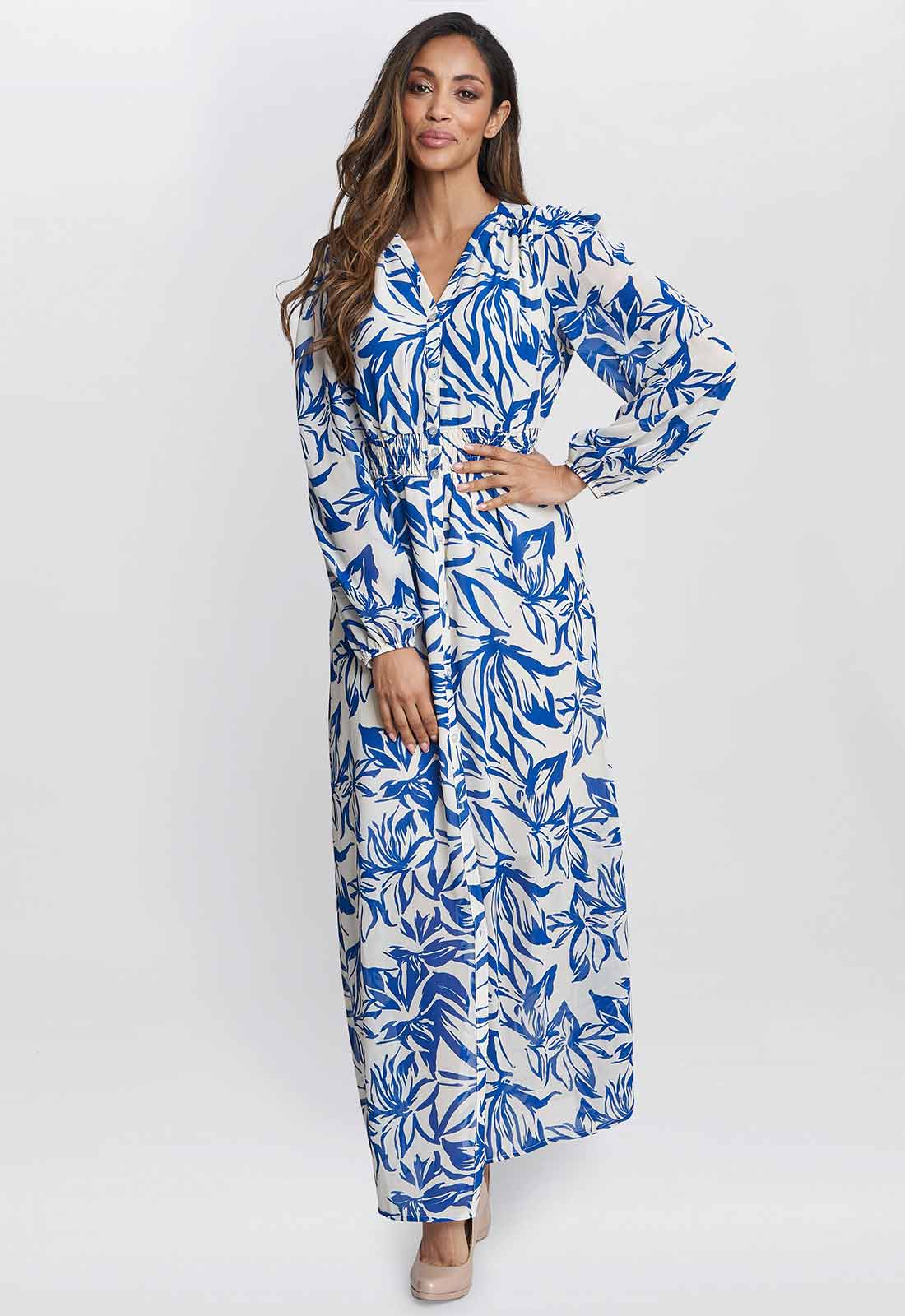 Gina Bacconi Blue Judy Button Neck Long Sleeve Dress