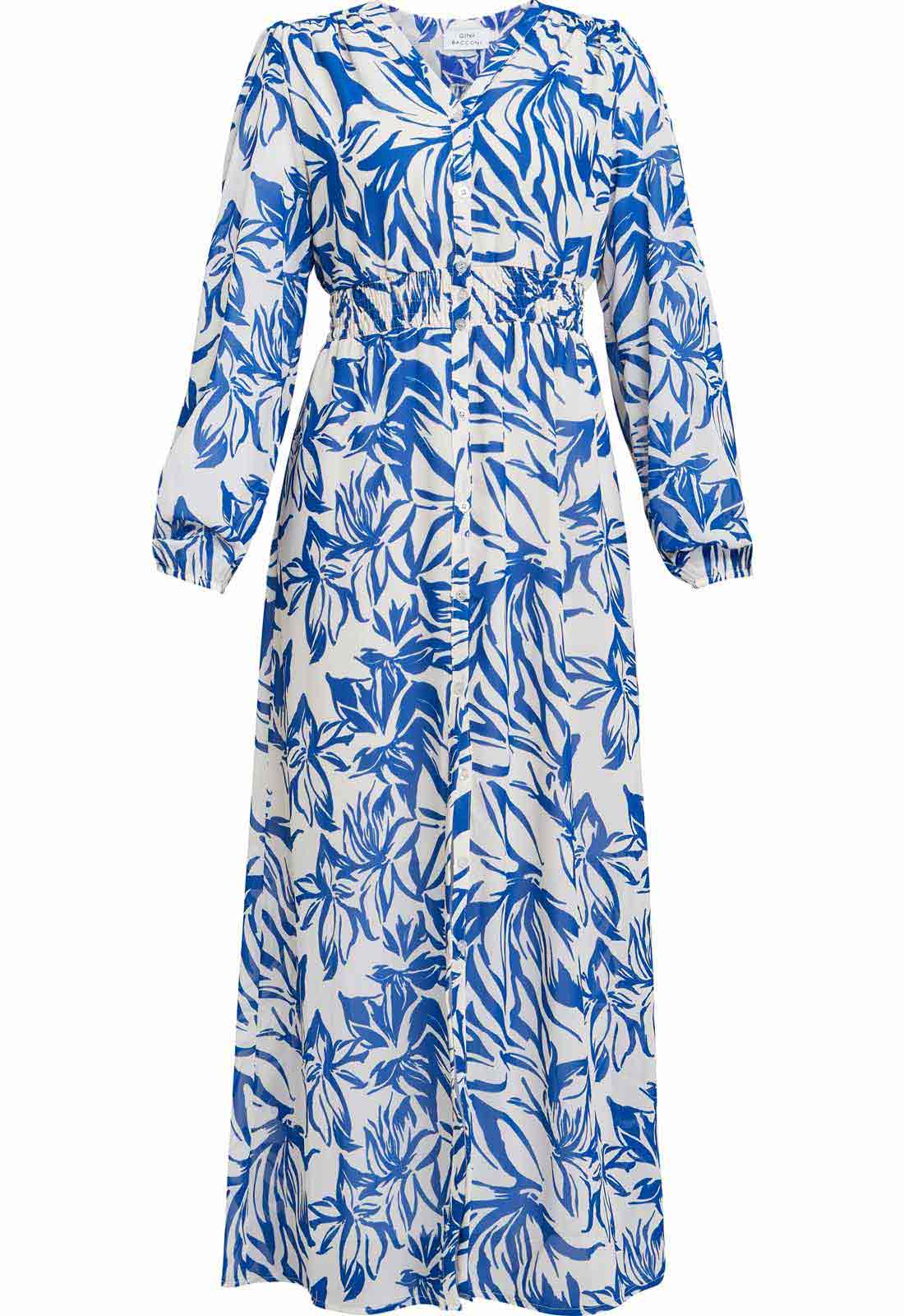 Gina Bacconi Blue Judy Button Neck Long Sleeve Dress