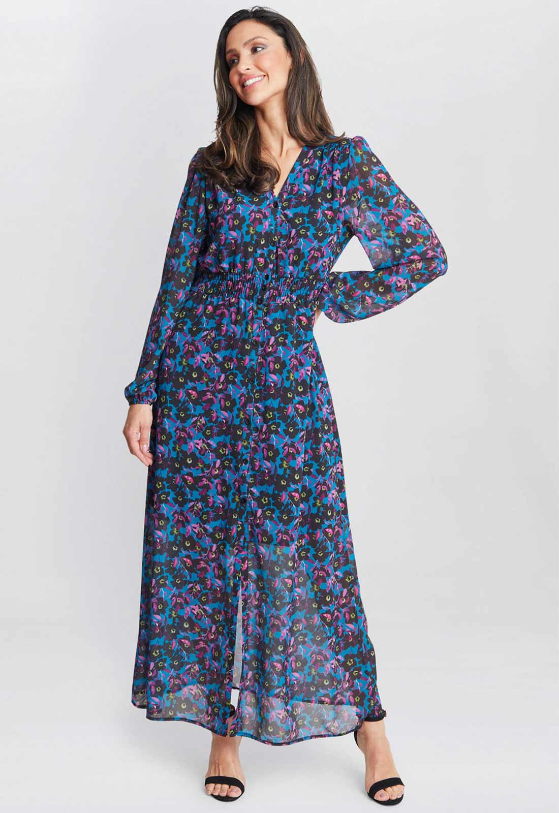 Gina Bacconi Black and Multi Judy Button Dwon Long Sleeve Dress