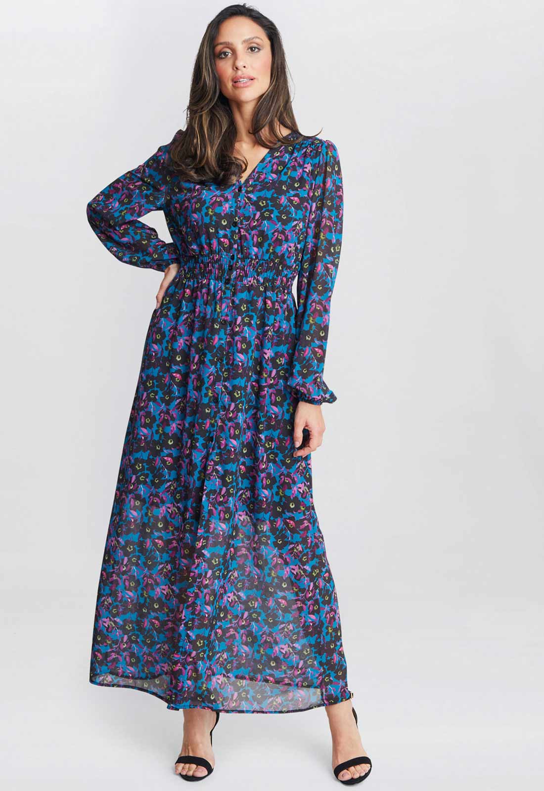 Gina Bacconi Black and Multi Judy Button Dwon Long Sleeve Dress