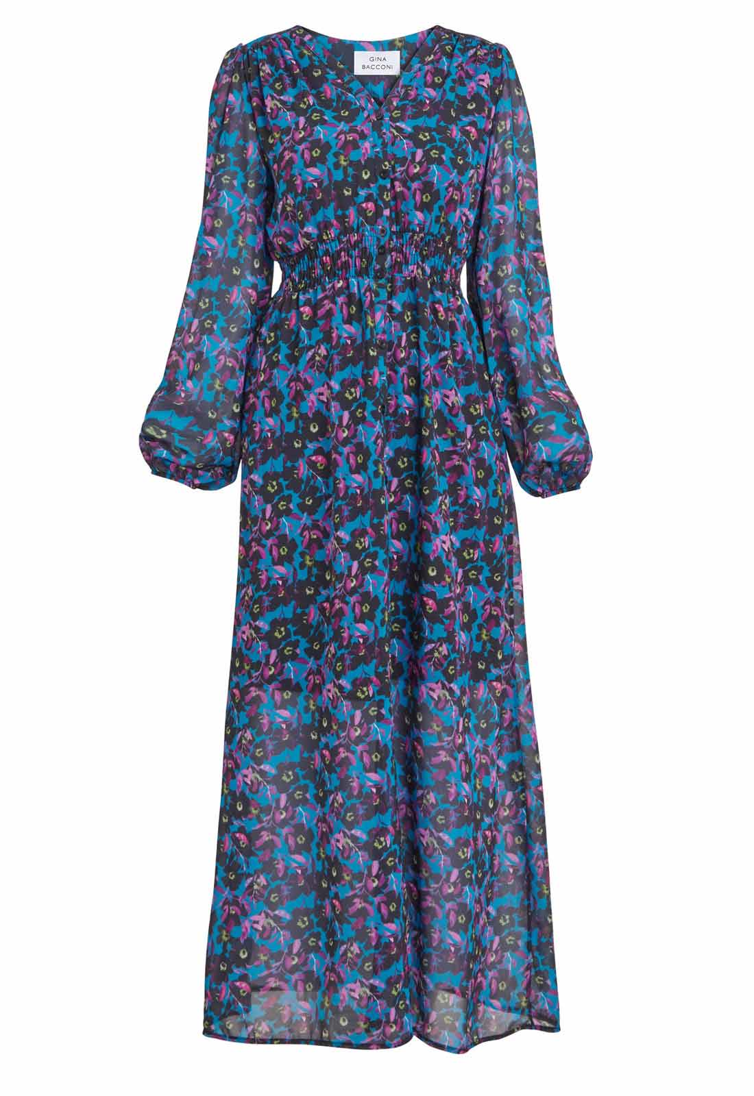 Gina Bacconi Black and Multi Judy Button Dwon Long Sleeve Dress