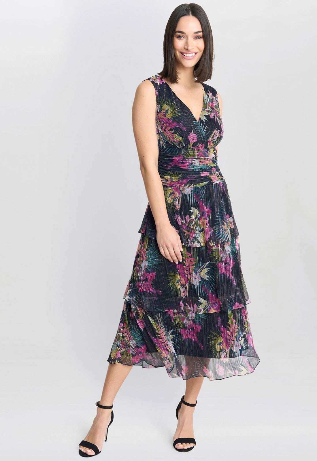 Gina Bacconi Black / Multi Nina Midi Sleeveless Printed Tiered Dress