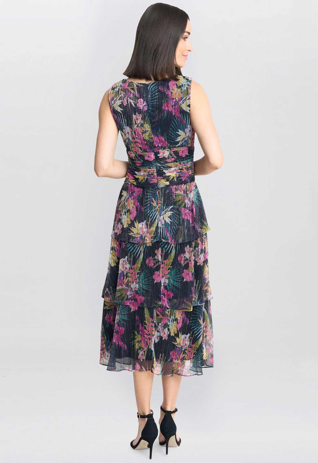Gina Bacconi Black / Multi Nina Midi Sleeveless Printed Tiered Dress