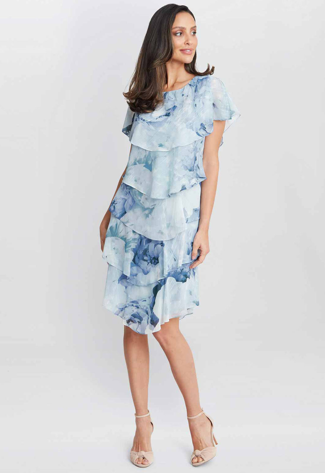 Gina Bacconi Blue Rosanna Printed Tiered Dress