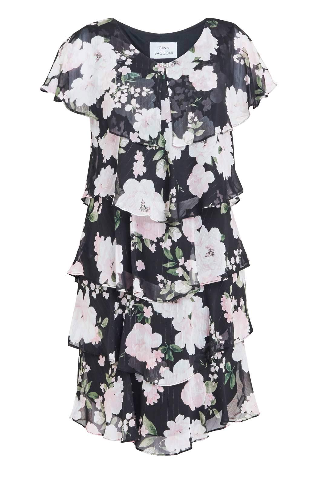 Gina Bacconi Black Nicola V Neck Printed Tiered Dress