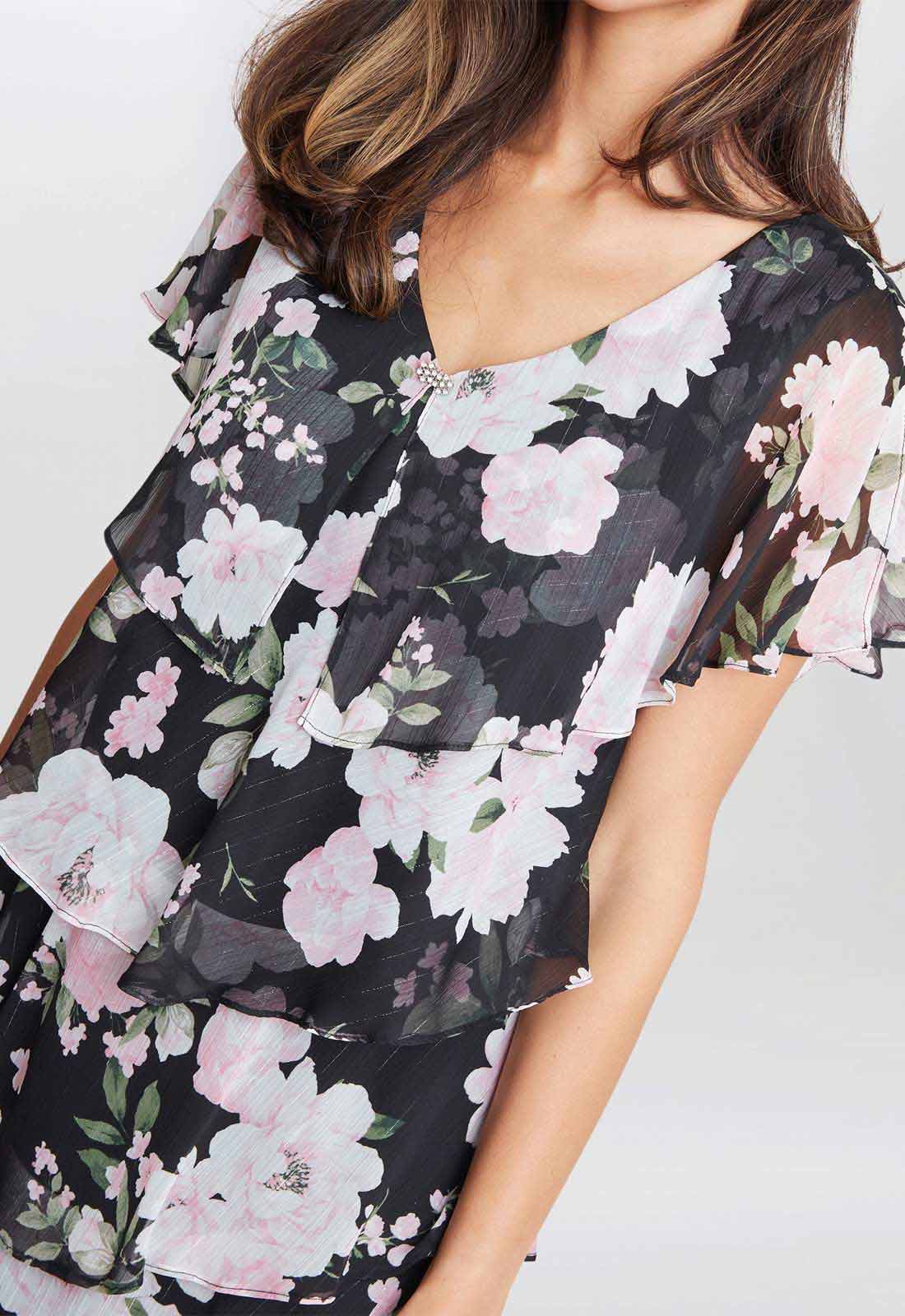 Gina Bacconi Black Nicola V Neck Printed Tiered Dress