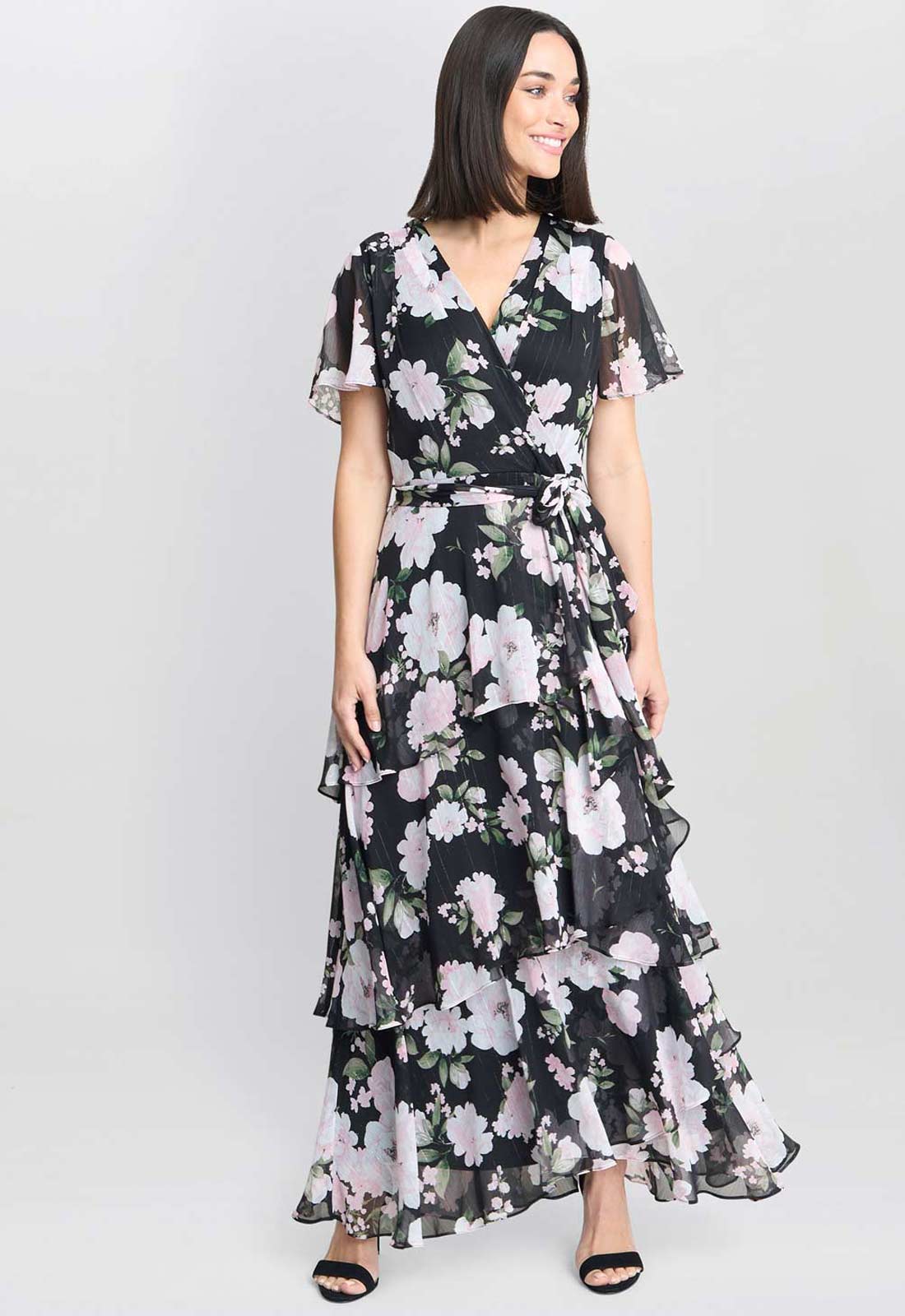 Gina Bacconi Black Sally Printed Maxi Tiered Dress With Tie Belt
