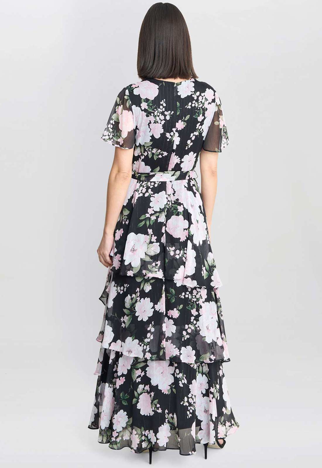 Gina Bacconi Black Sally Printed Maxi Tiered Dress With Tie Belt