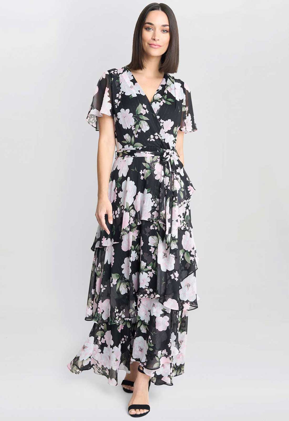 Gina Bacconi Black Sally Printed Maxi Tiered Dress With Tie Belt