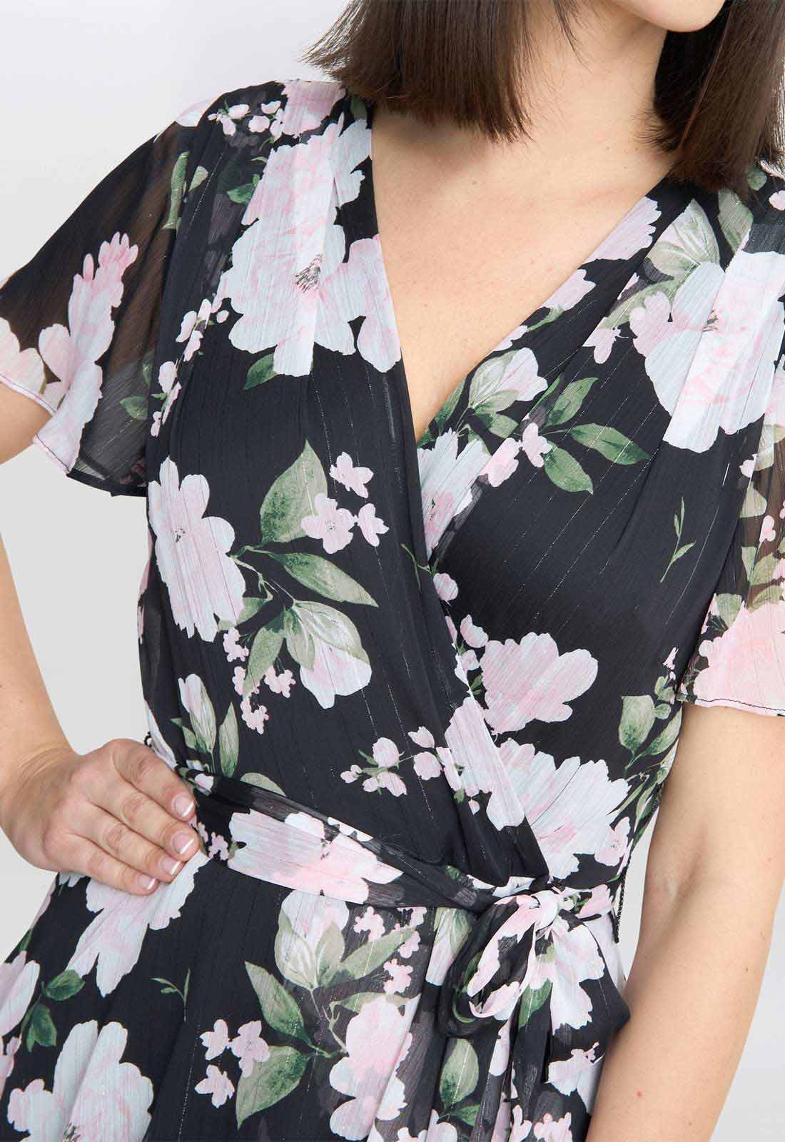 Gina Bacconi Black Sally Printed Maxi Tiered Dress With Tie Belt