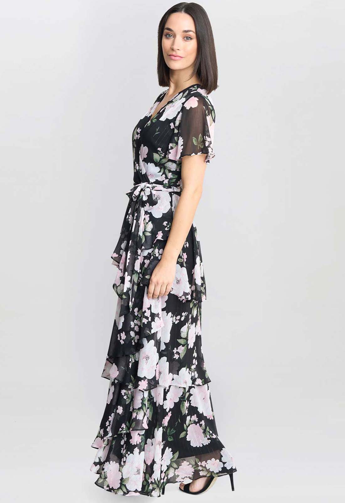 Gina Bacconi Black Sally Printed Maxi Tiered Dress With Tie Belt