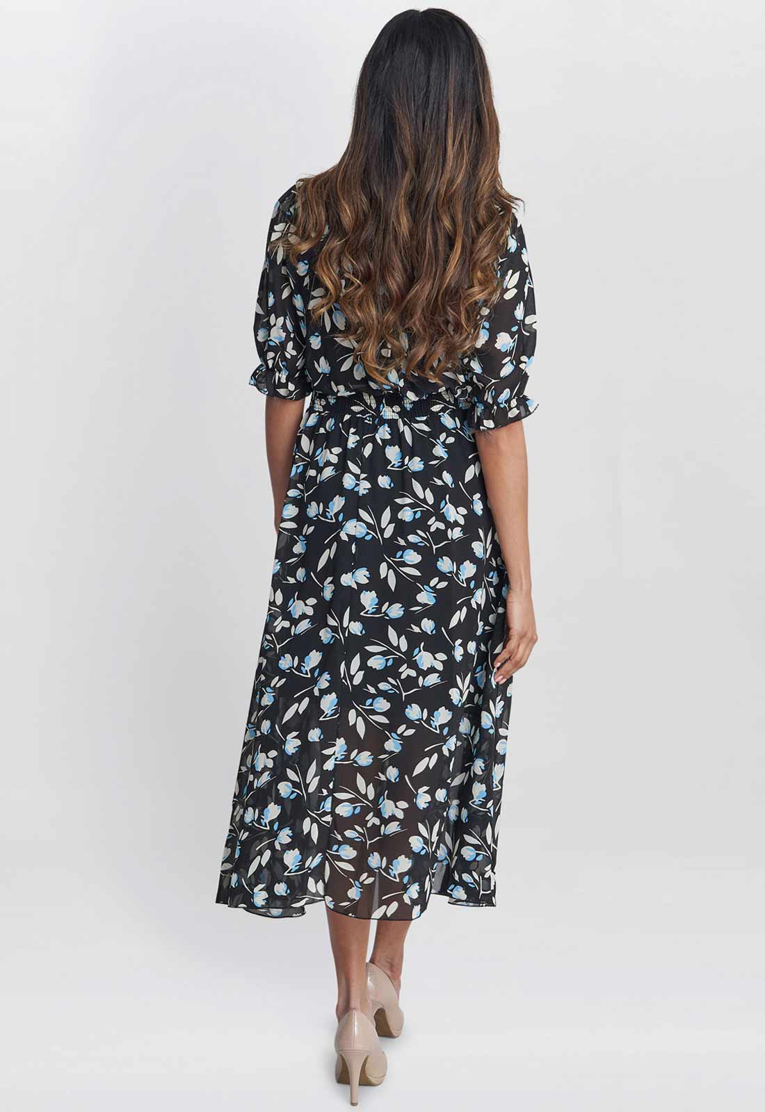 Gina Bacconi Black and Multi Mimi Godet Pussy Bow Dress