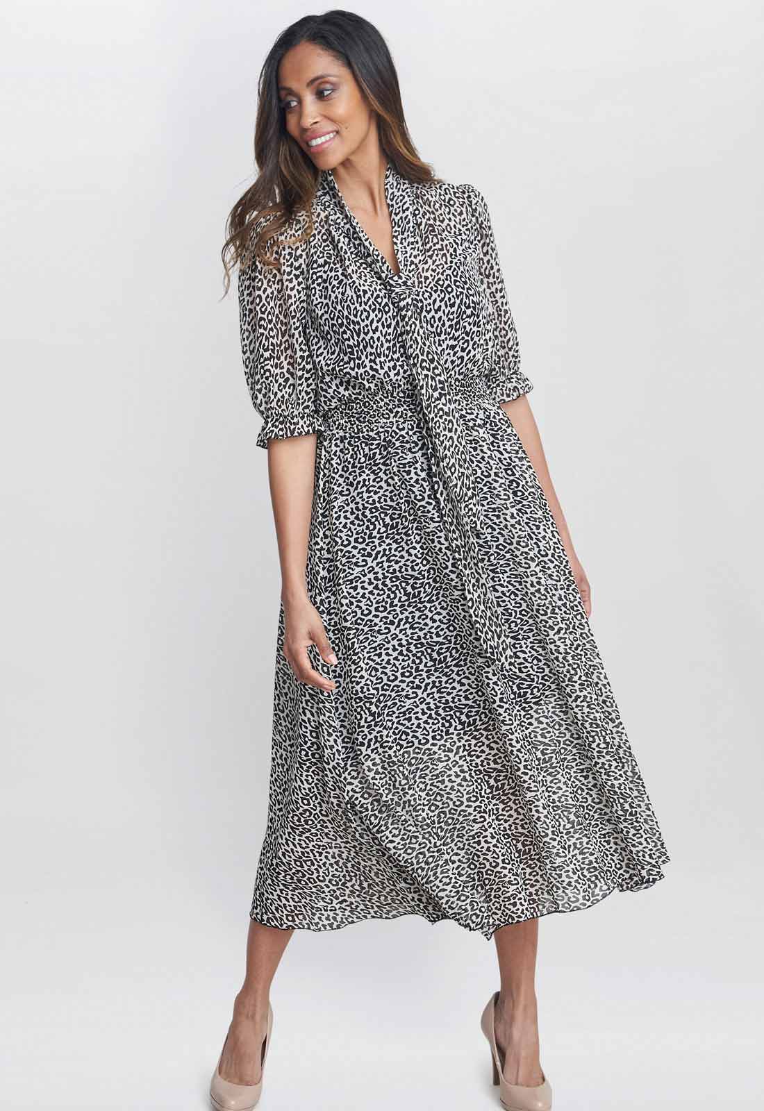 Gina Bacconi Leopard Mimi Godet Pussy Bow Dress