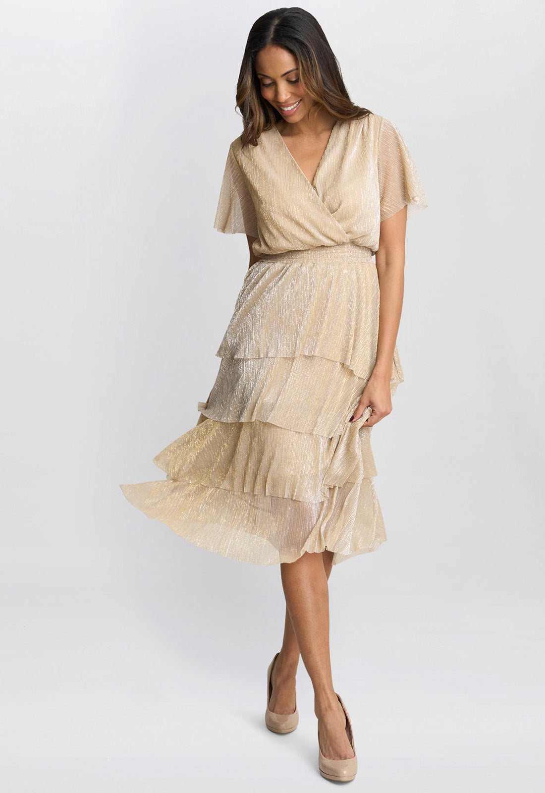 Gina Bacconi Gold Cheri Metallic Knit Tiered Dress Gina Bacconi Gold Cheri Metallic Knit Tiered Dress