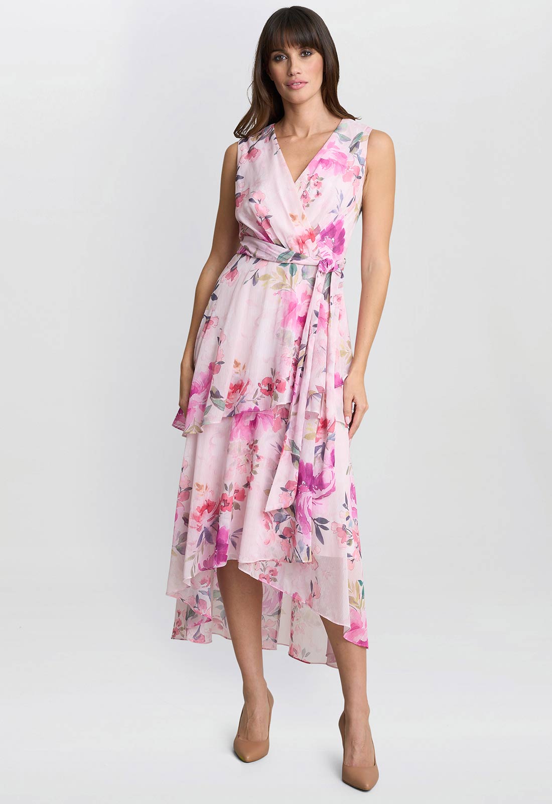 Gina Bacconi Pink Evelynn Floral Wrap Effect Hi-low Dress