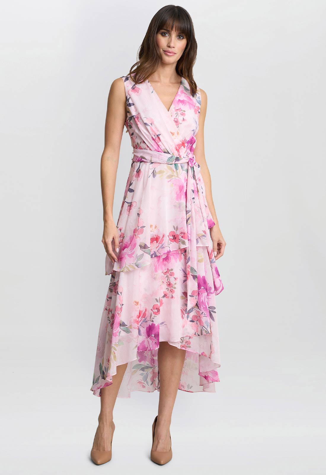 Gina Bacconi Pink Evelynn Floral Wrap Effect Hi-low Dress