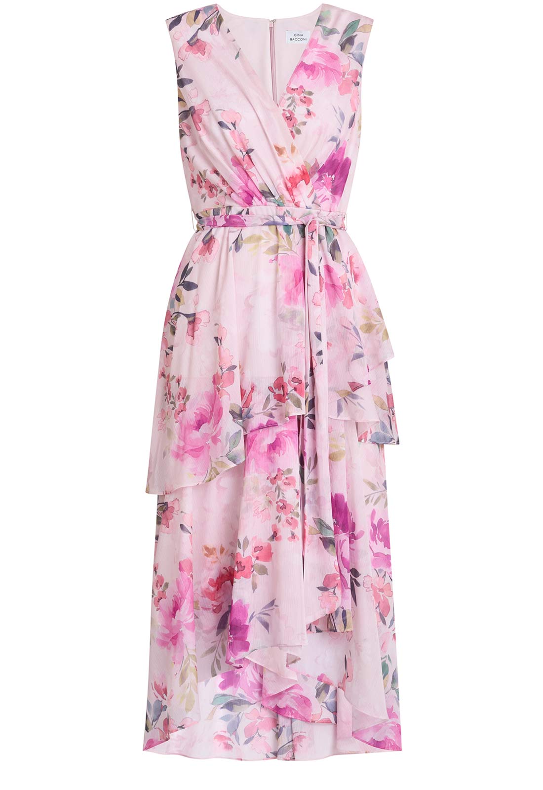 Gina Bacconi Pink Evelynn Floral Wrap Effect Hi-low Dress