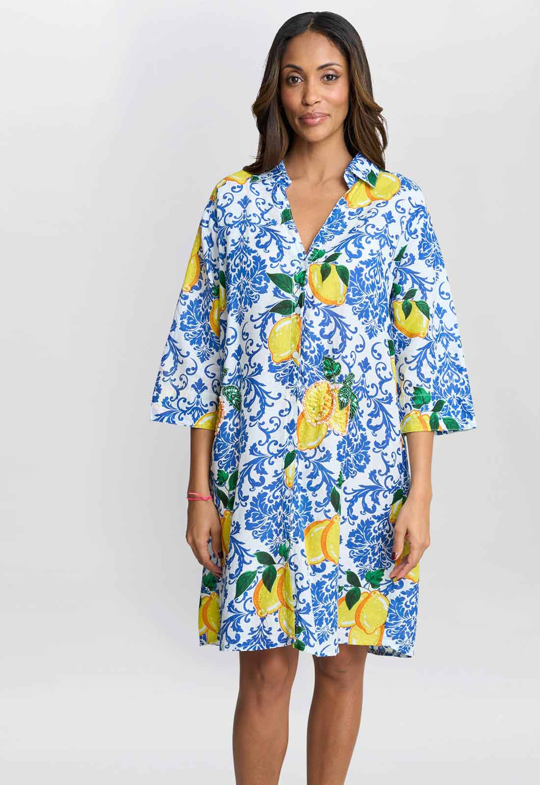 Gina Bacconi Blue and Yellow Lexee Shirt Dress