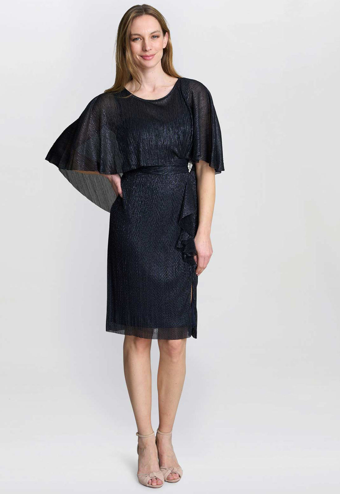 Gina Bacconi Navy Sonya Pleated Dress With Brooch