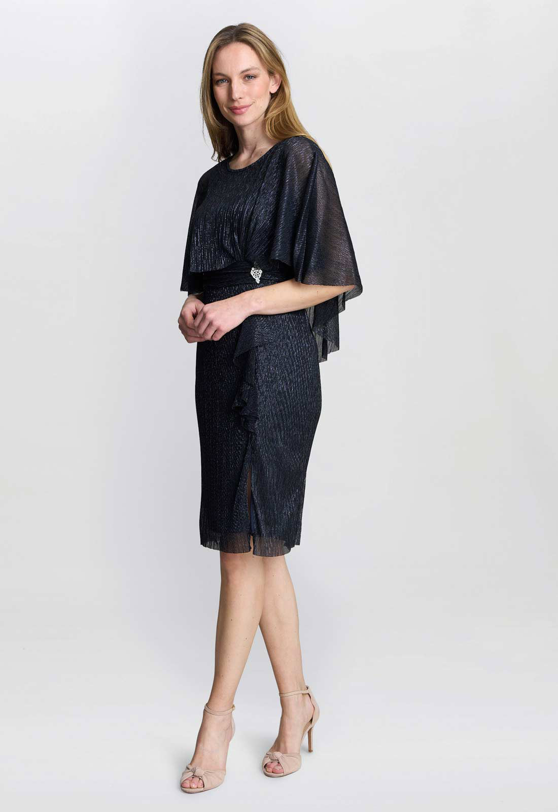 Gina Bacconi Navy Sonya Pleated Dress With Brooch