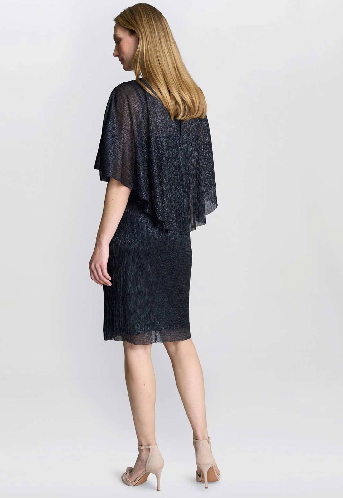 Gina Bacconi Navy Sonya Pleated Dress With Brooch