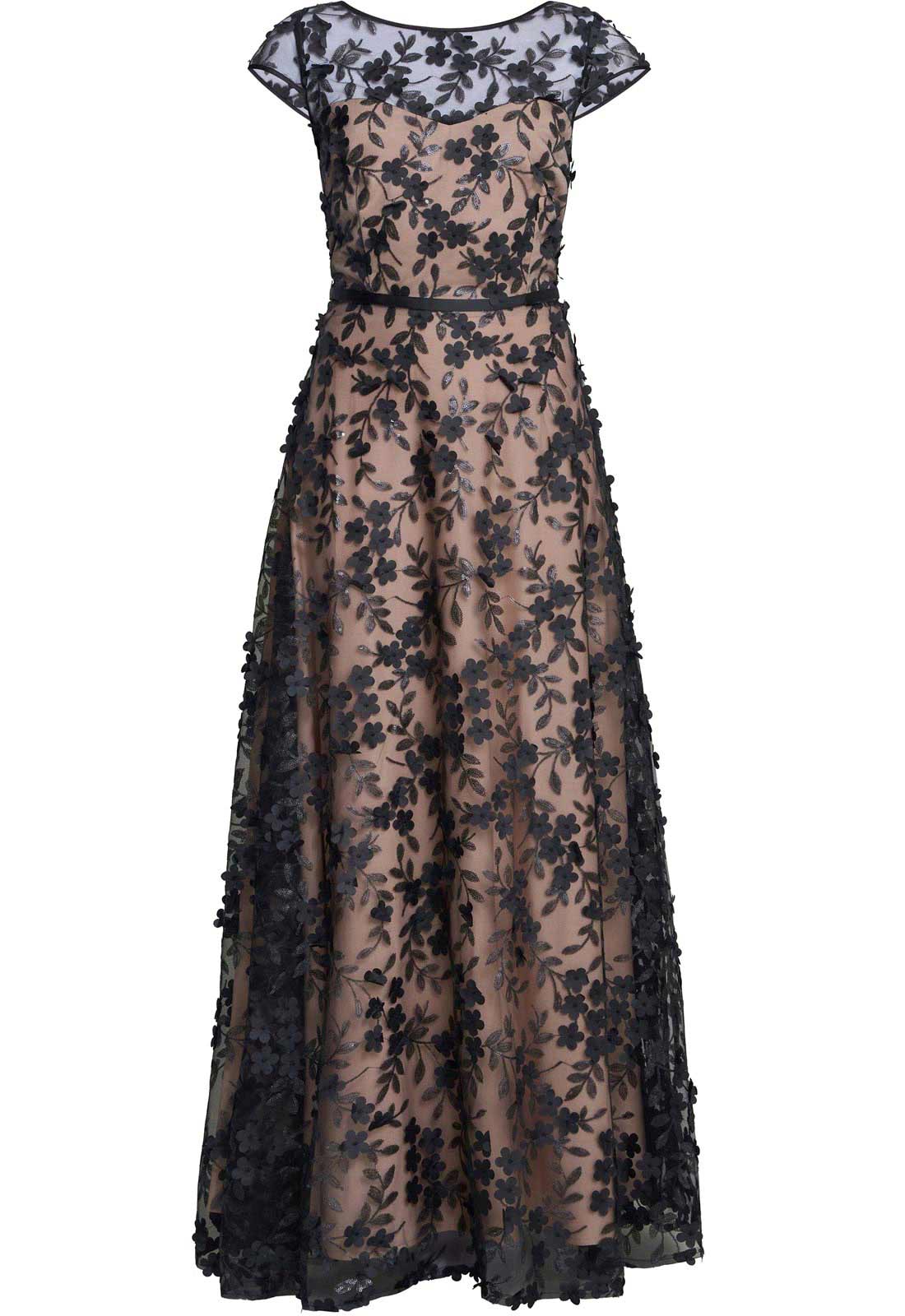 Long lace dress with floral pattern on a white background
