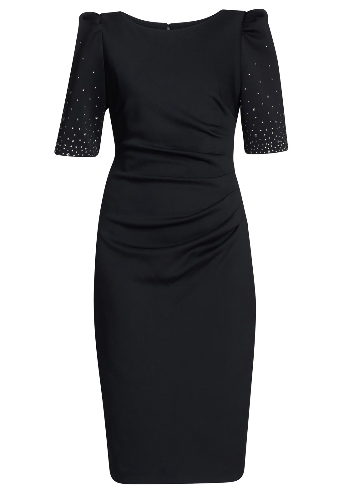 Black dress with embellished sleeves on a white background