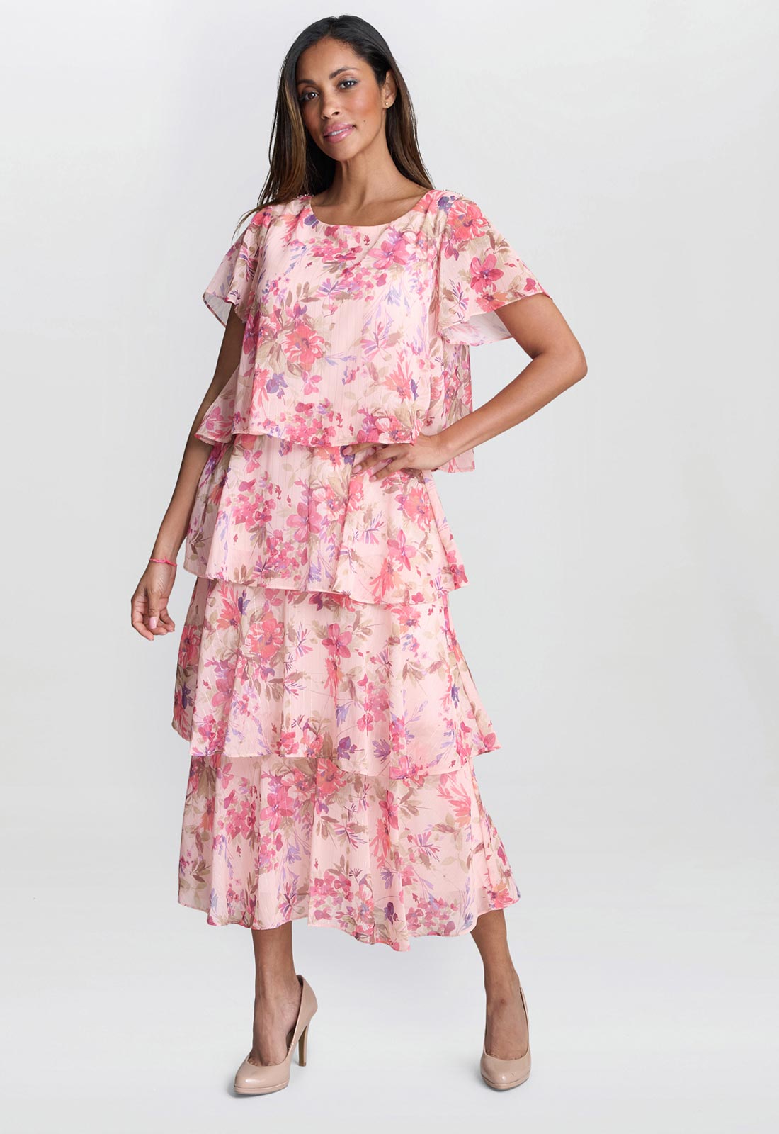 Gina Bacconi Peach Essie Midi Length Printed Tier Dress