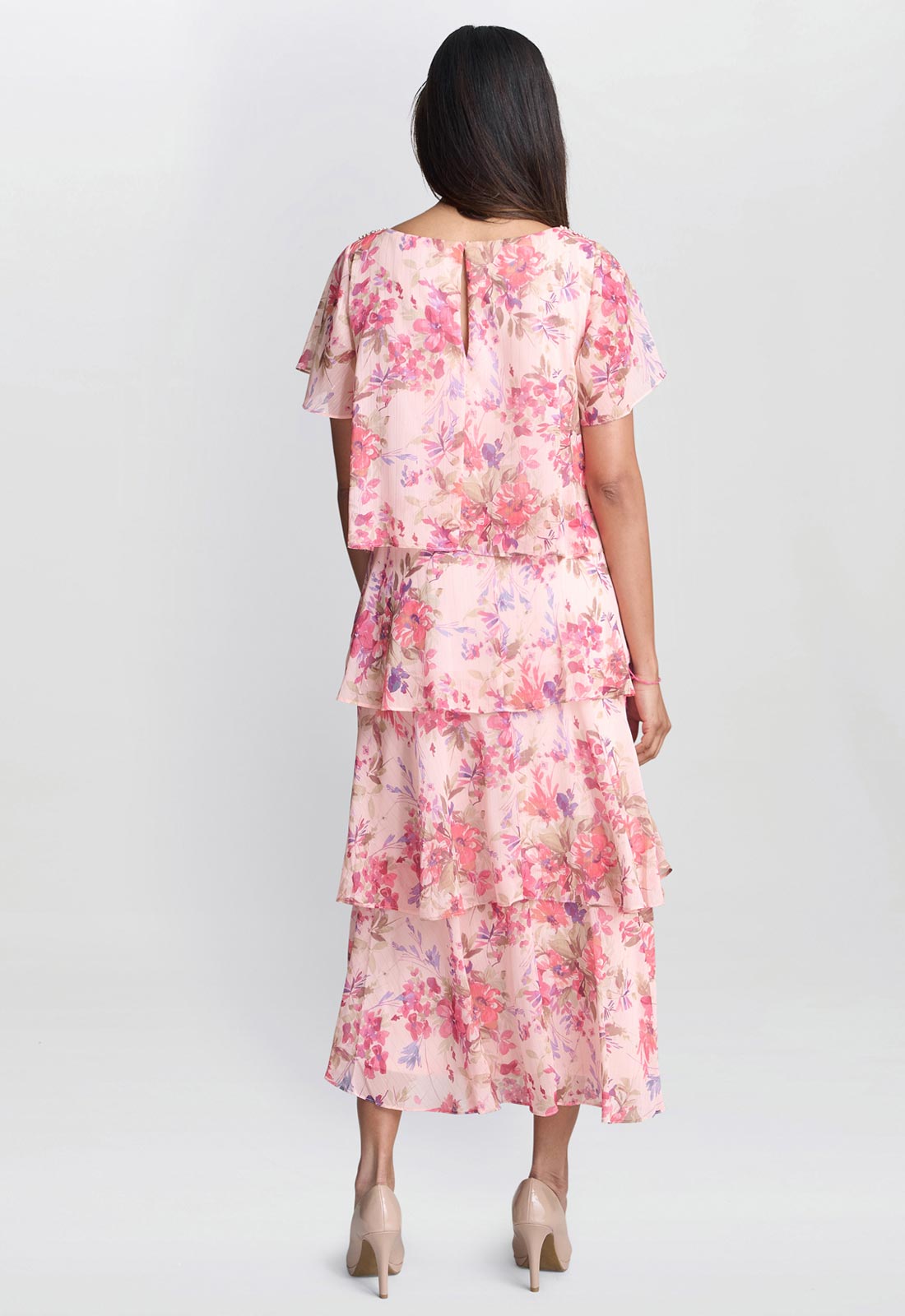 Gina Bacconi Peach Essie Midi Length Printed Tier Dress