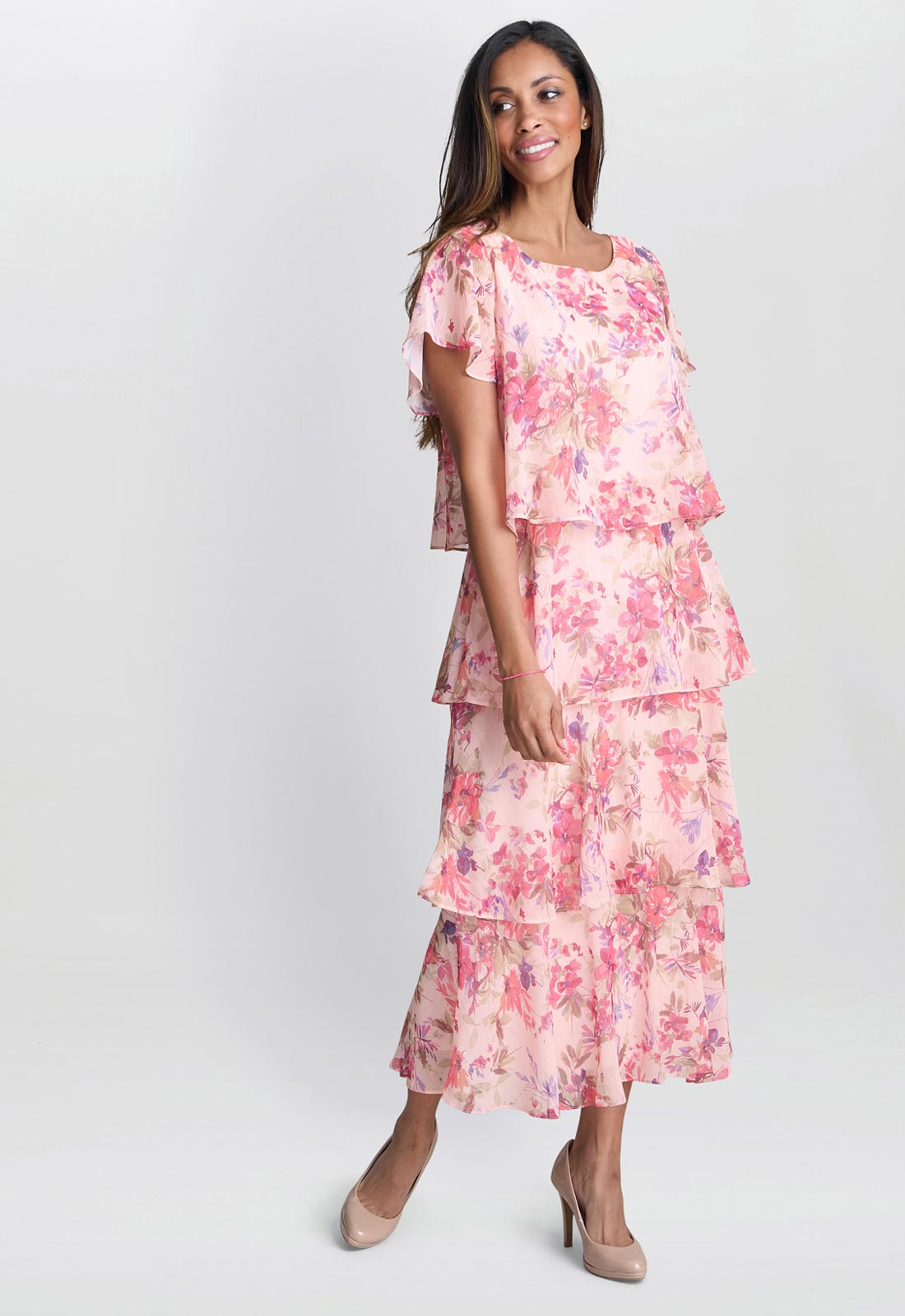 Gina Bacconi Peach Essie Midi Length Printed Tier Dress