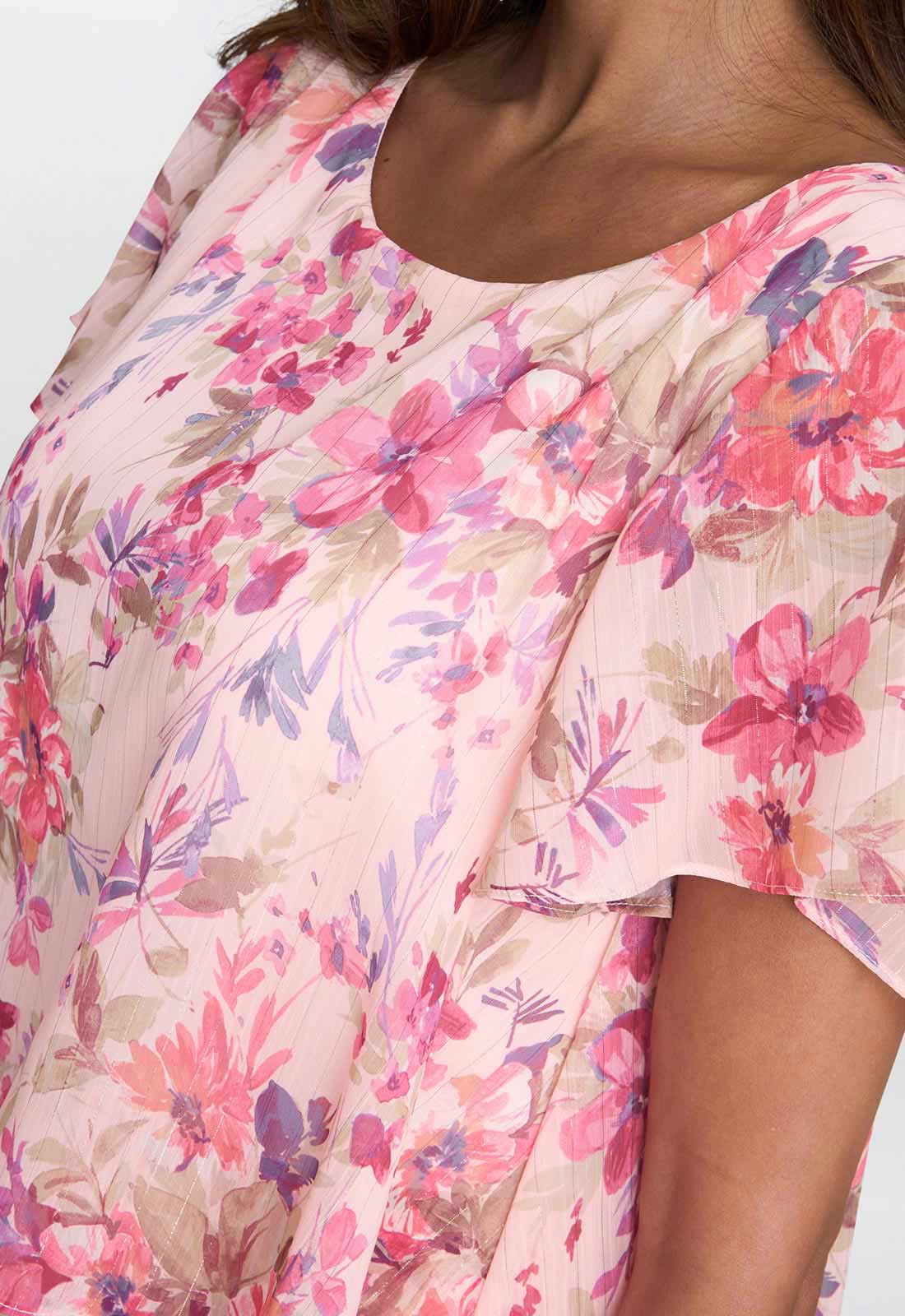 Gina Bacconi Peach Essie Midi Length Printed Tier Dress