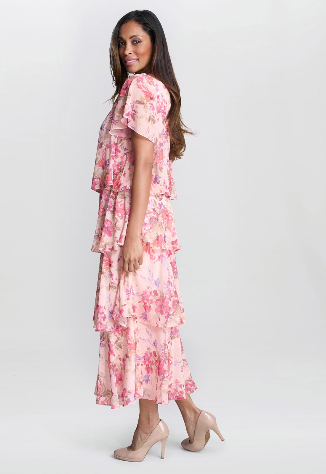 Gina Bacconi Peach Essie Midi Length Printed Tier Dress