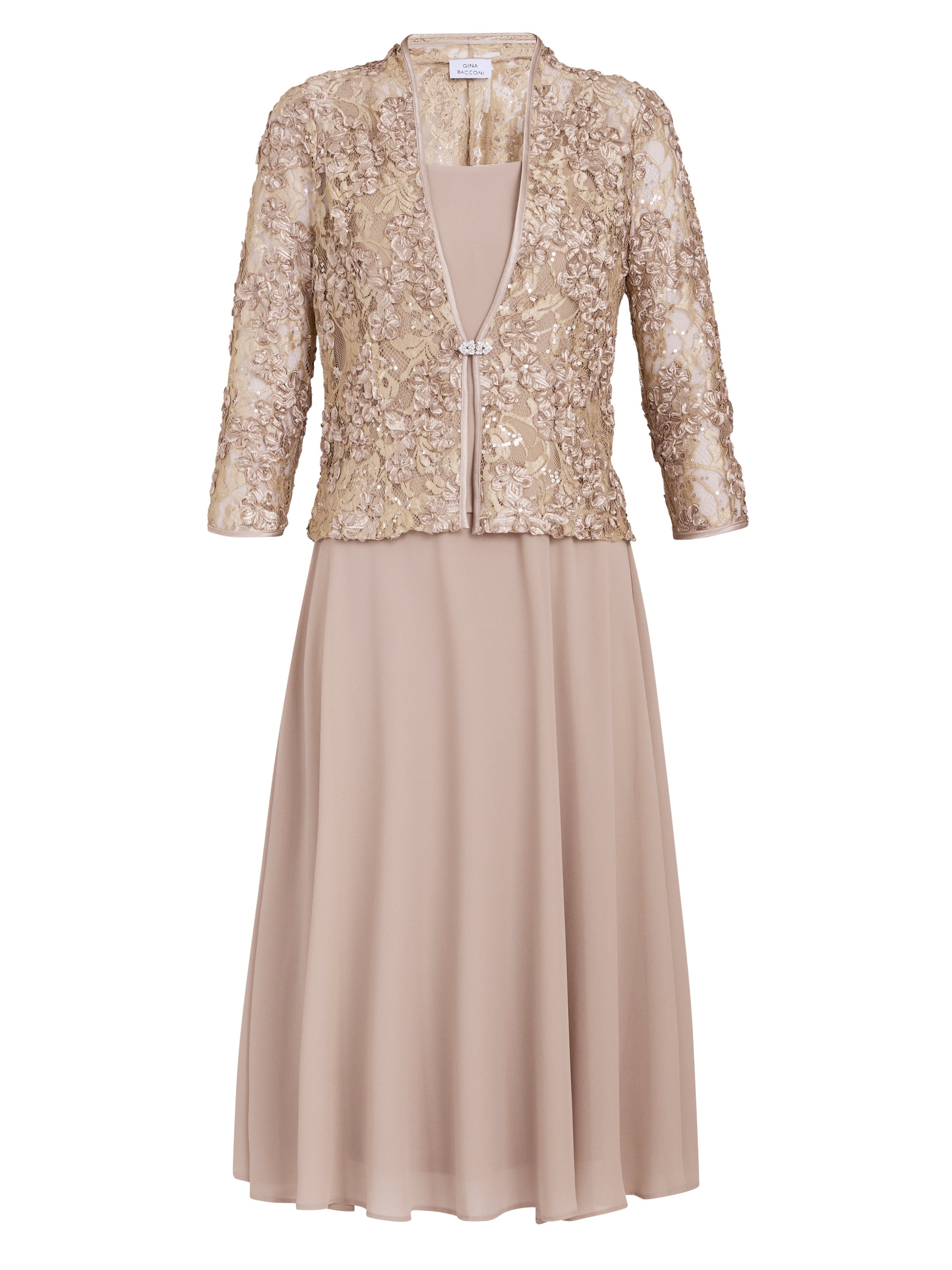 Gina Bacconi Latte Adele Soutache Lace Jacket With Chiffon Dress