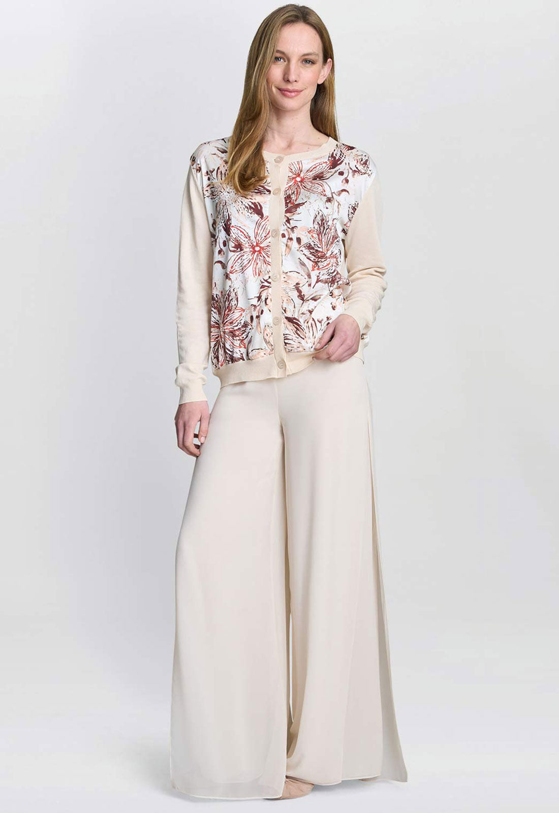 Gina Bacconi Beige Vilma Floral Satin Front Cardigan
