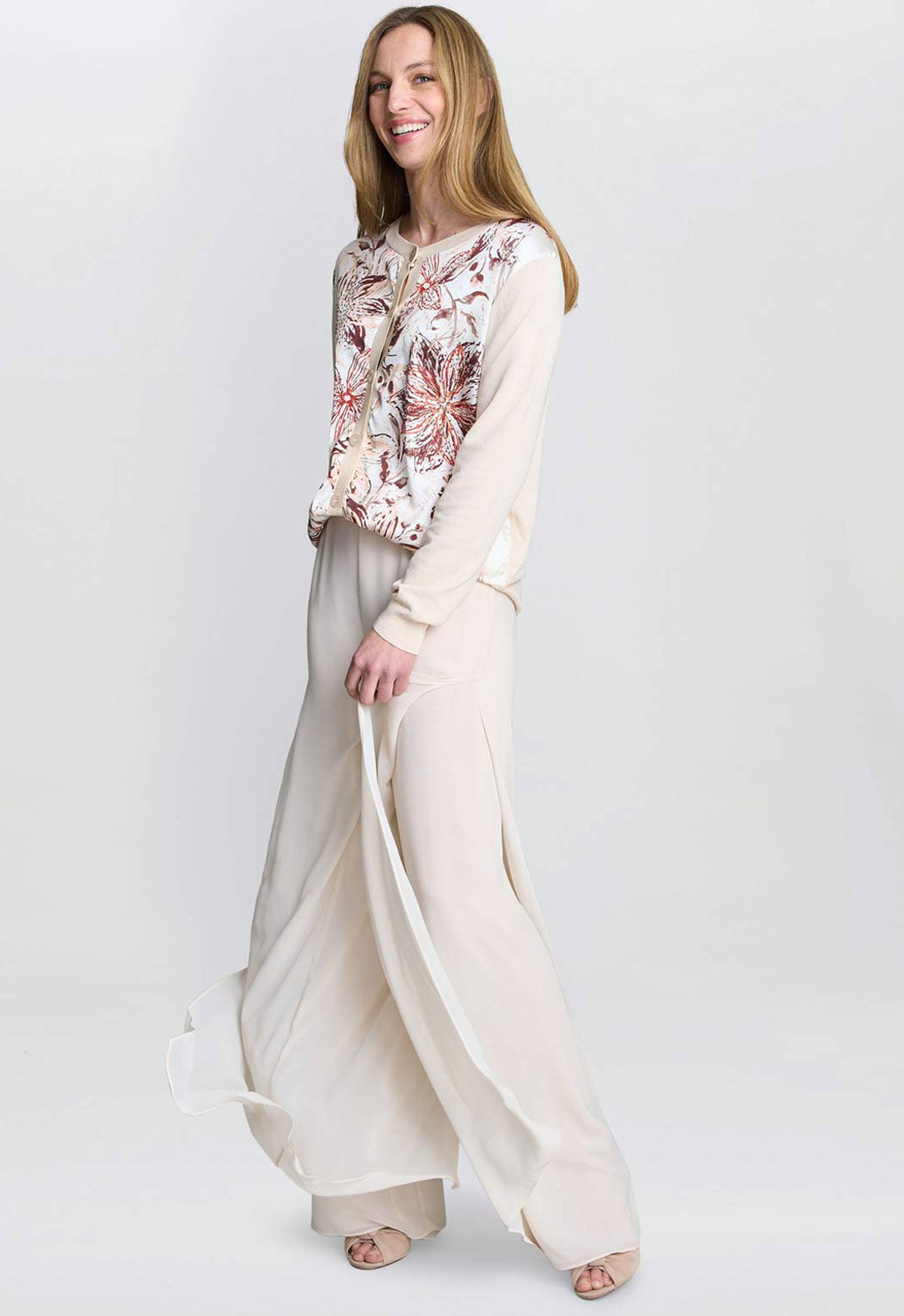 Gina Bacconi Beige Vilma Floral Satin Front Cardigan