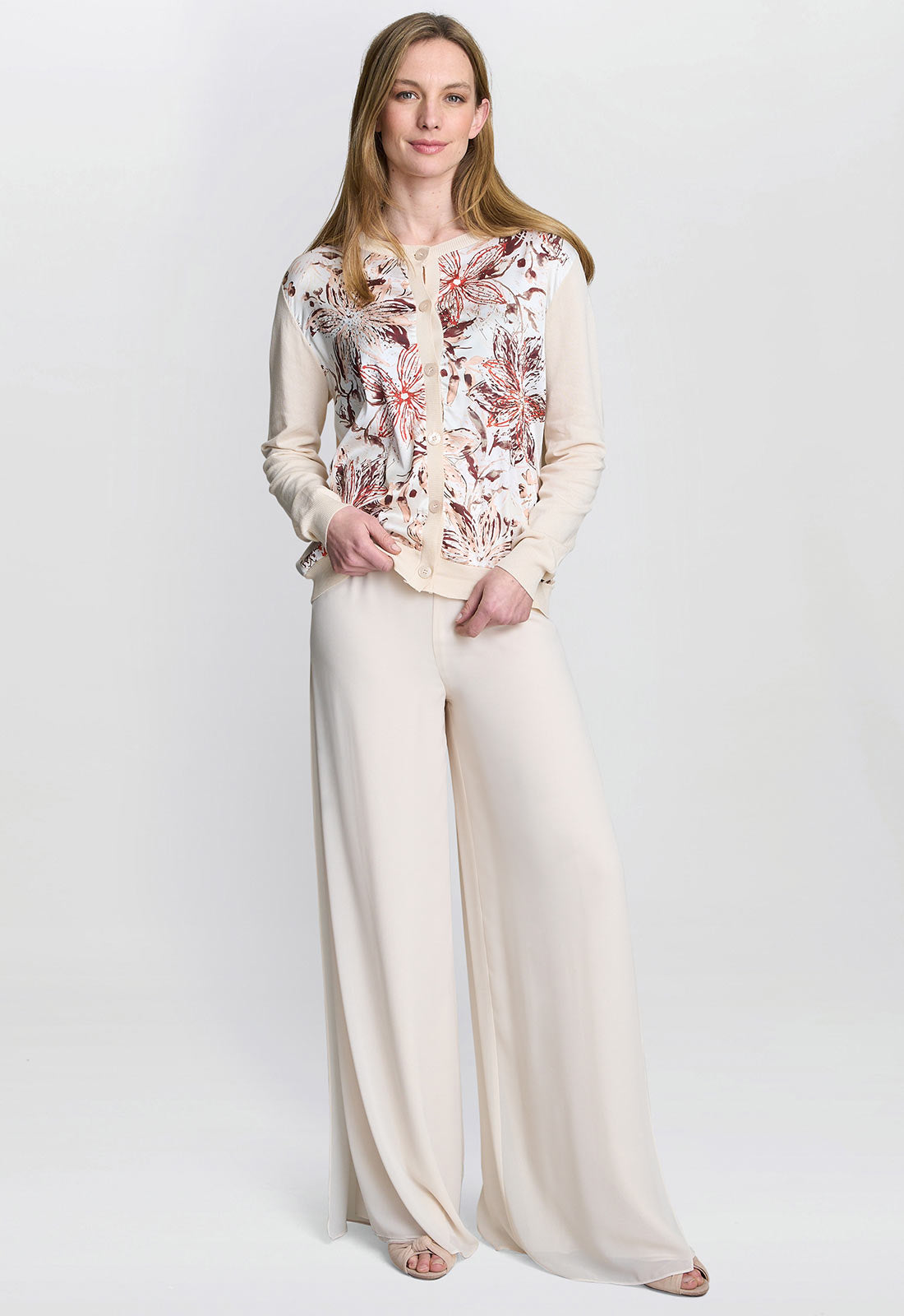 Gina Bacconi Beige Vilma Floral Satin Front Cardigan