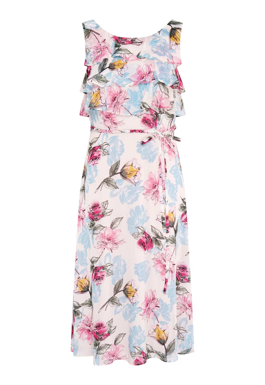 Floral dress with ruffled straps on a white background