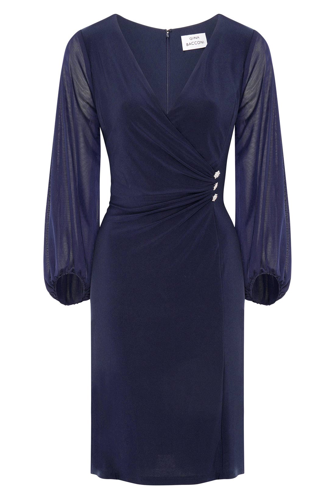 Navy blue dress with sheer sleeves on a white background