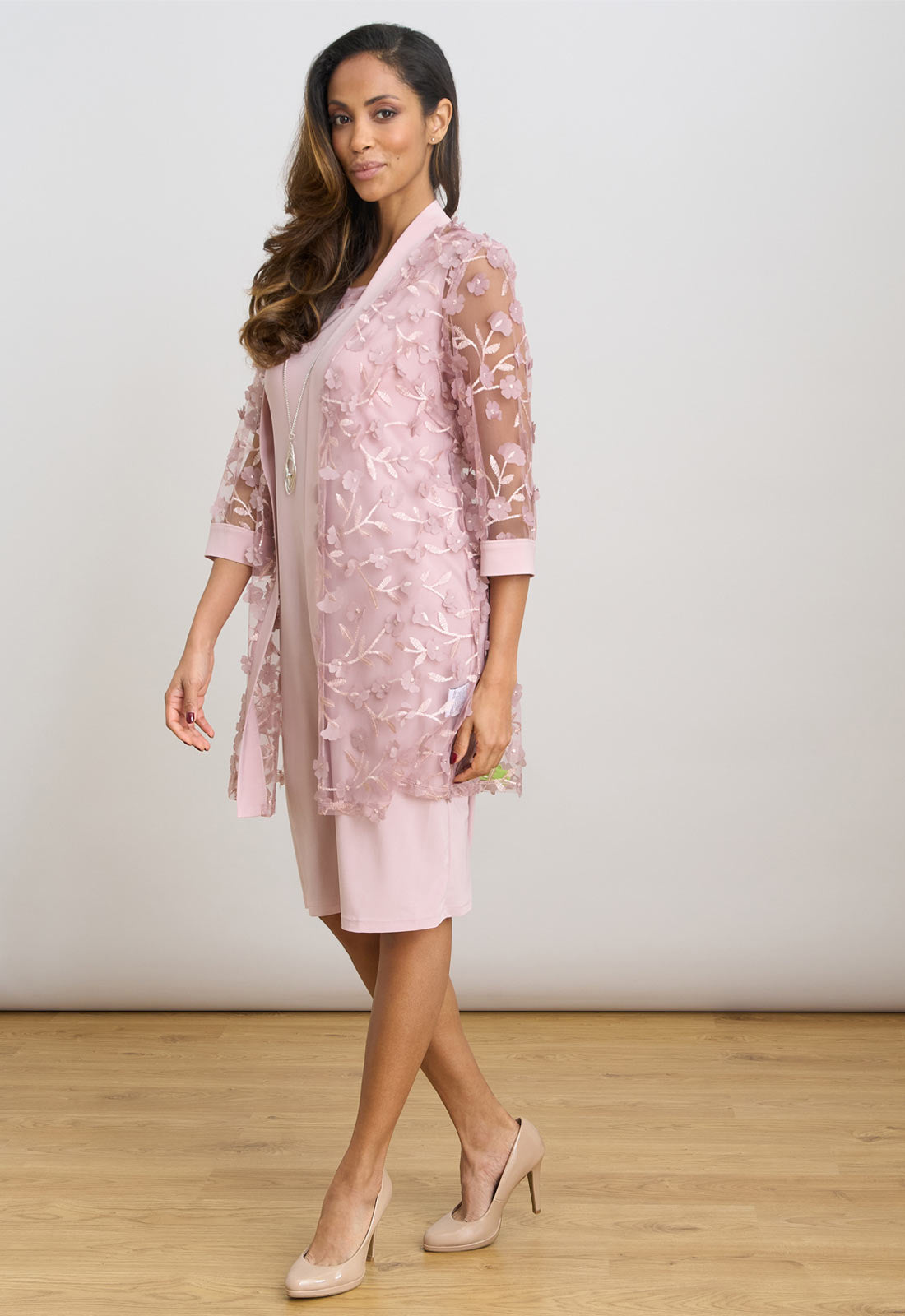Gina Bacconi Blush Destiny Floral Applique Dress And Jacket With Detachable Necklace
