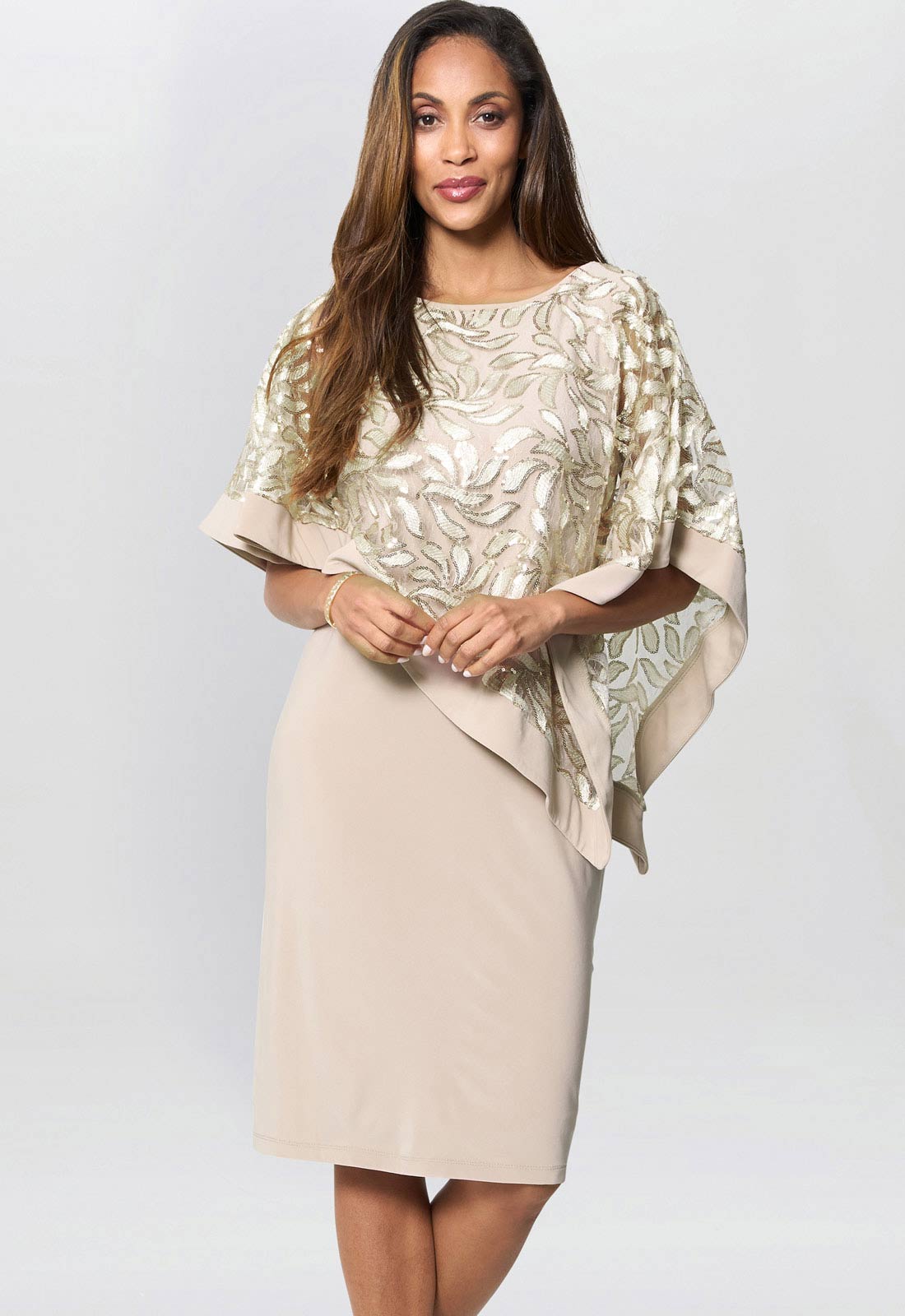 Gina Bacconi Champagne Darlene Embroidered Cape Dress